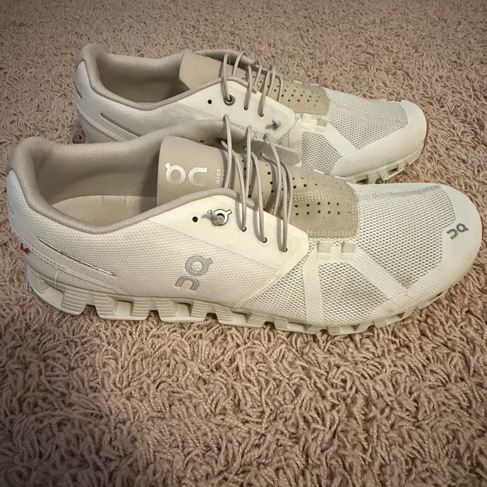 On Running Cream and Gray Athletic Shoes